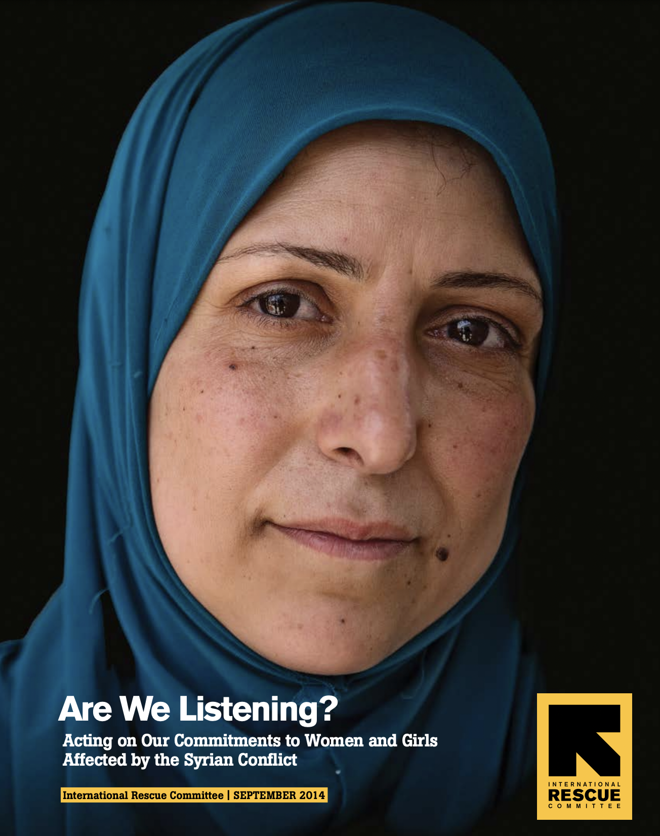 Report cover, Are We Listening, showing a woman in a blue headscarf looking to camera