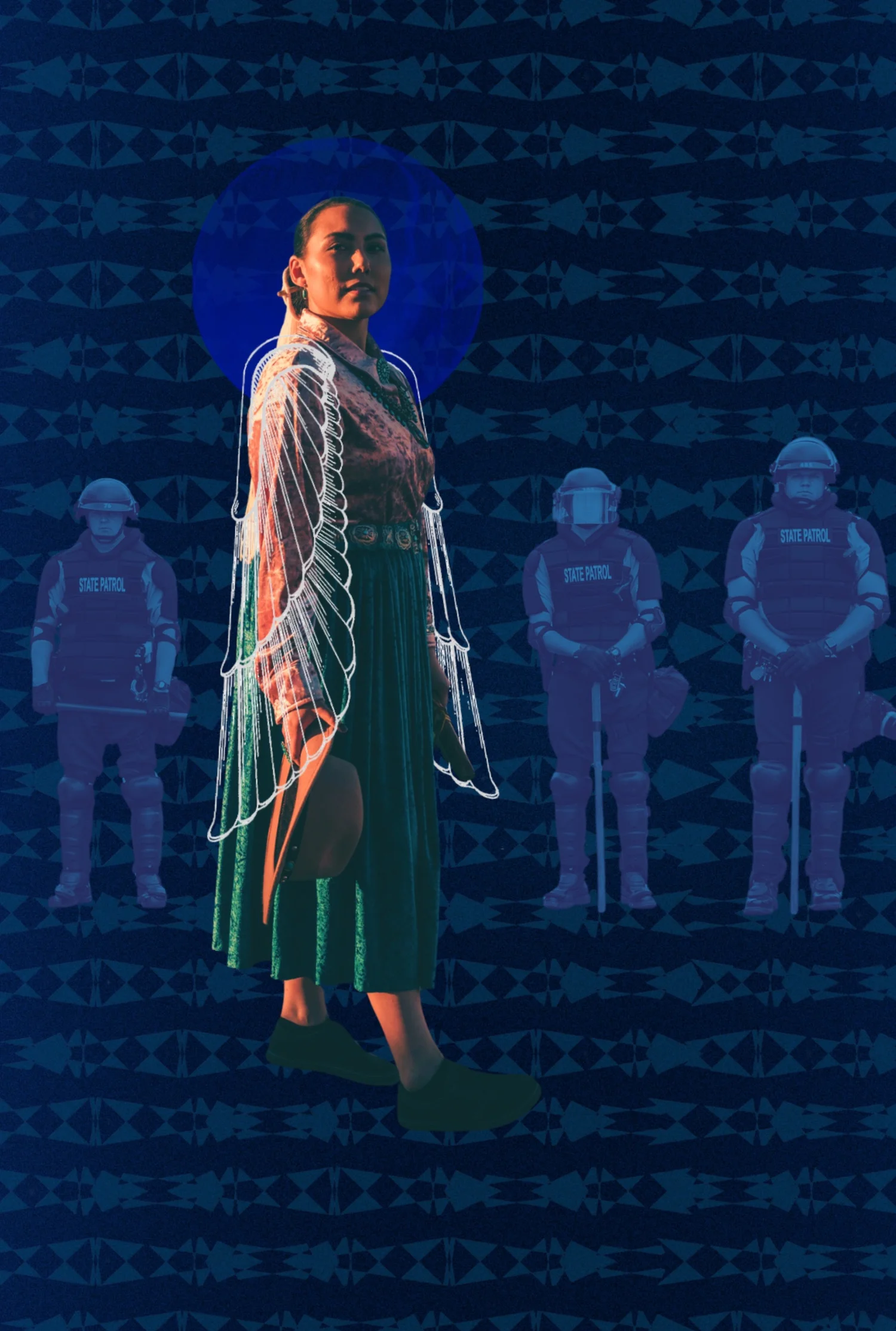 Luminous blue figure standing before a shadowy crowd in a dark hall