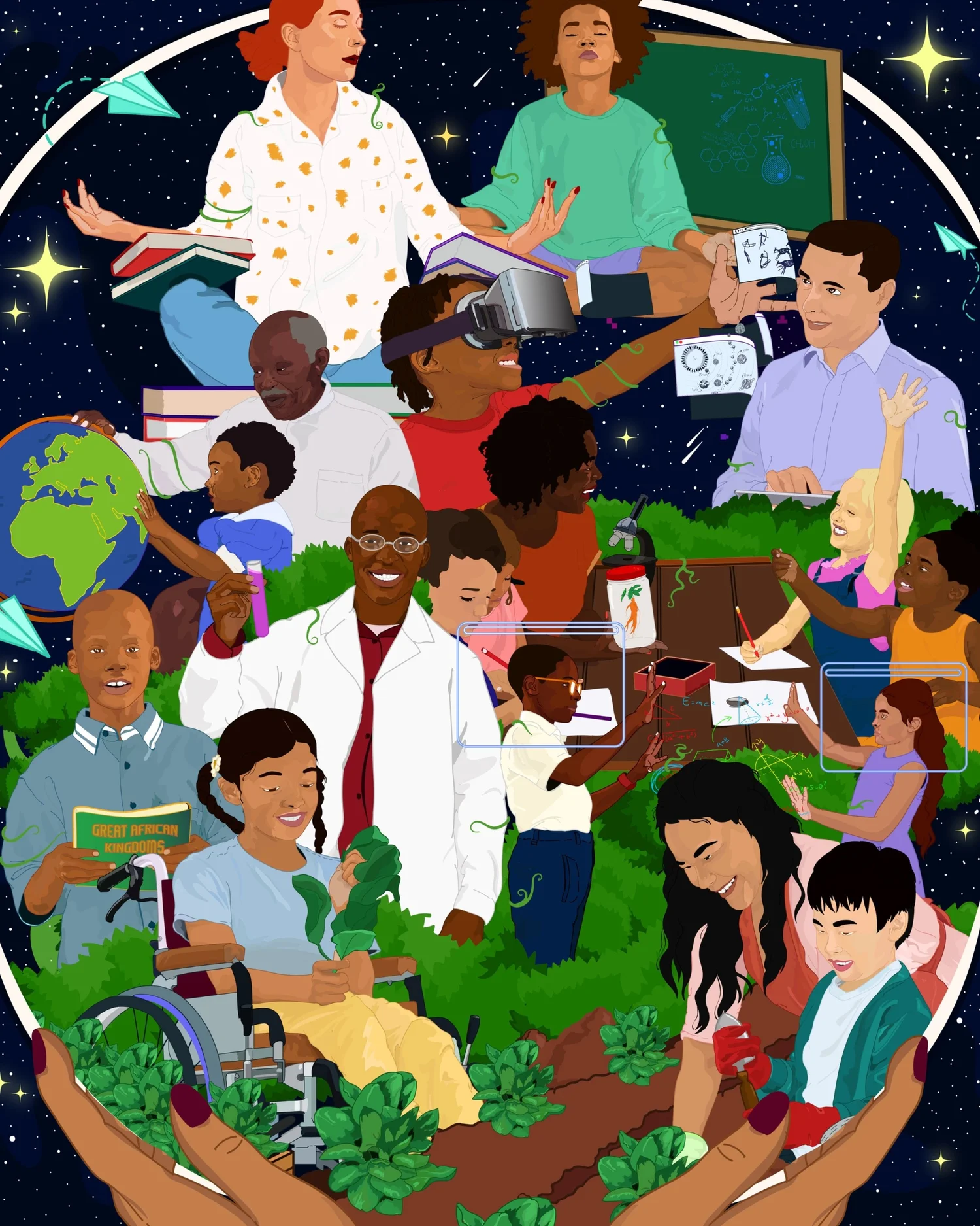 Illustration of students and teachers learning together across a starry classroom scene