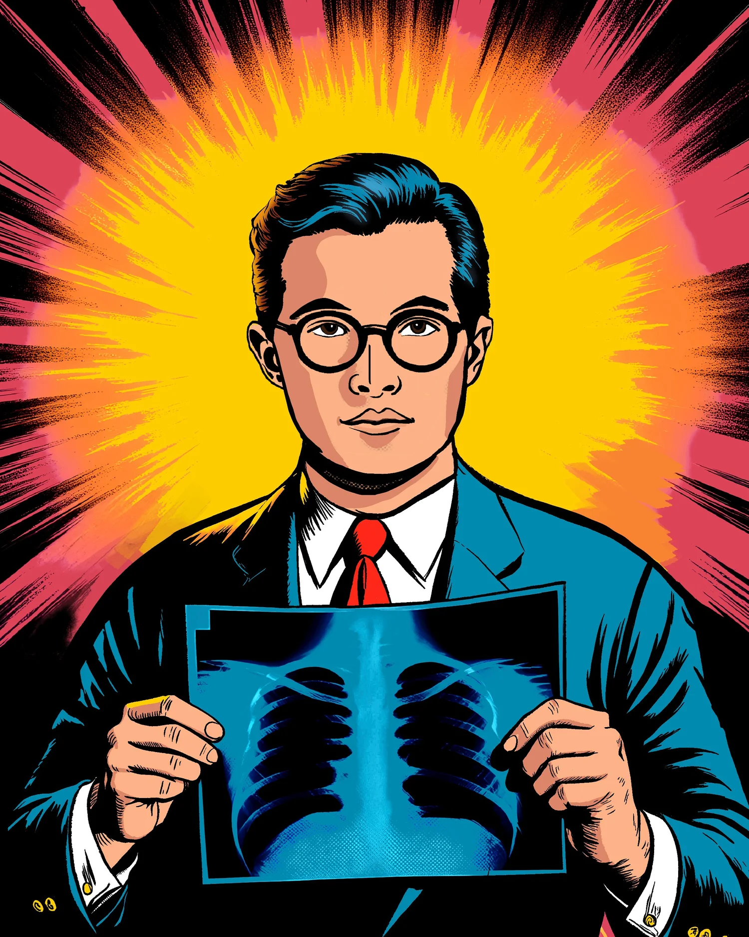 Comic-style illustration of a doctor holding up a chest x-ray against a yellow starburst