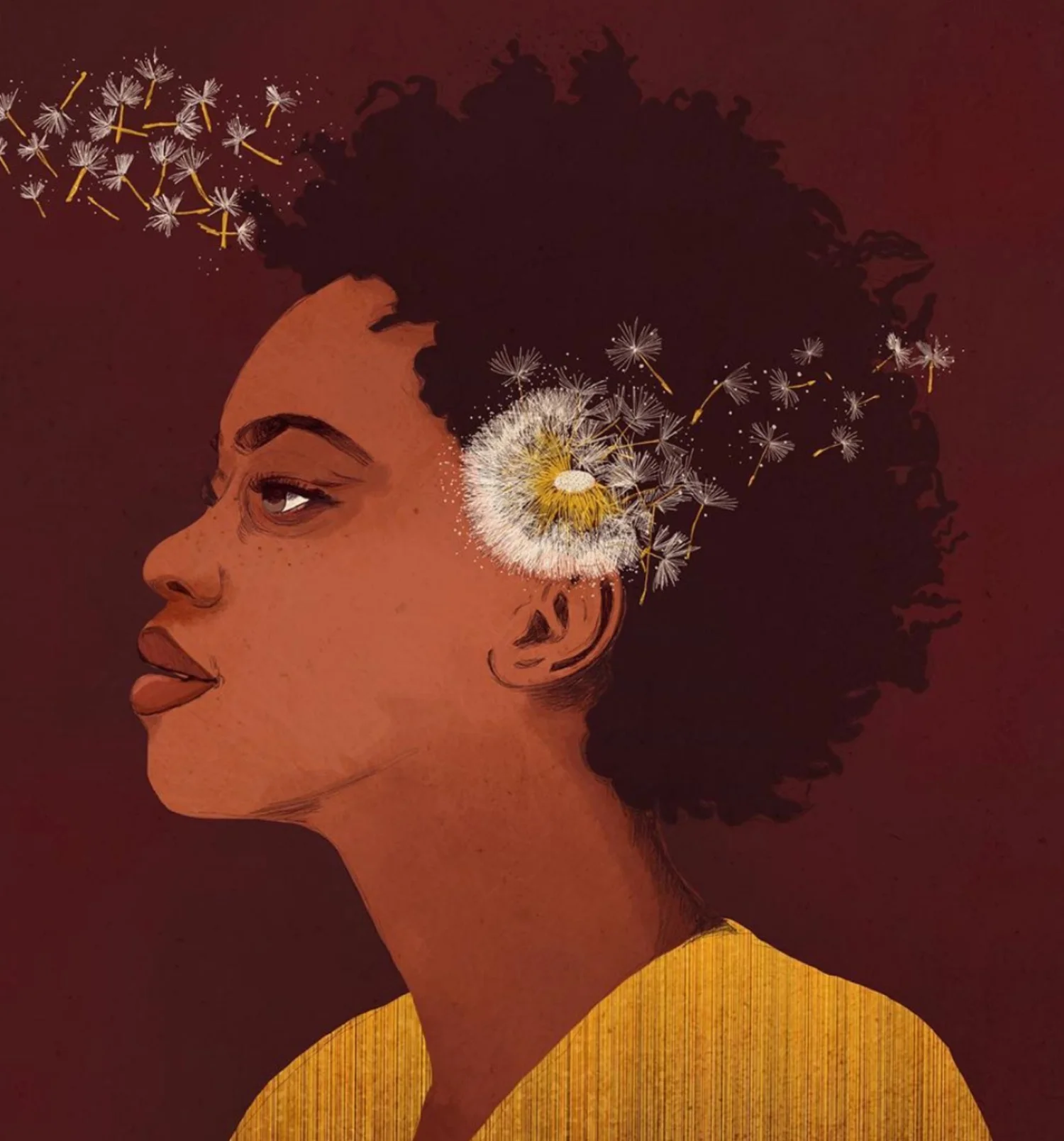 Profile portrait of a young woman with dandelion seeds drifting from her eye