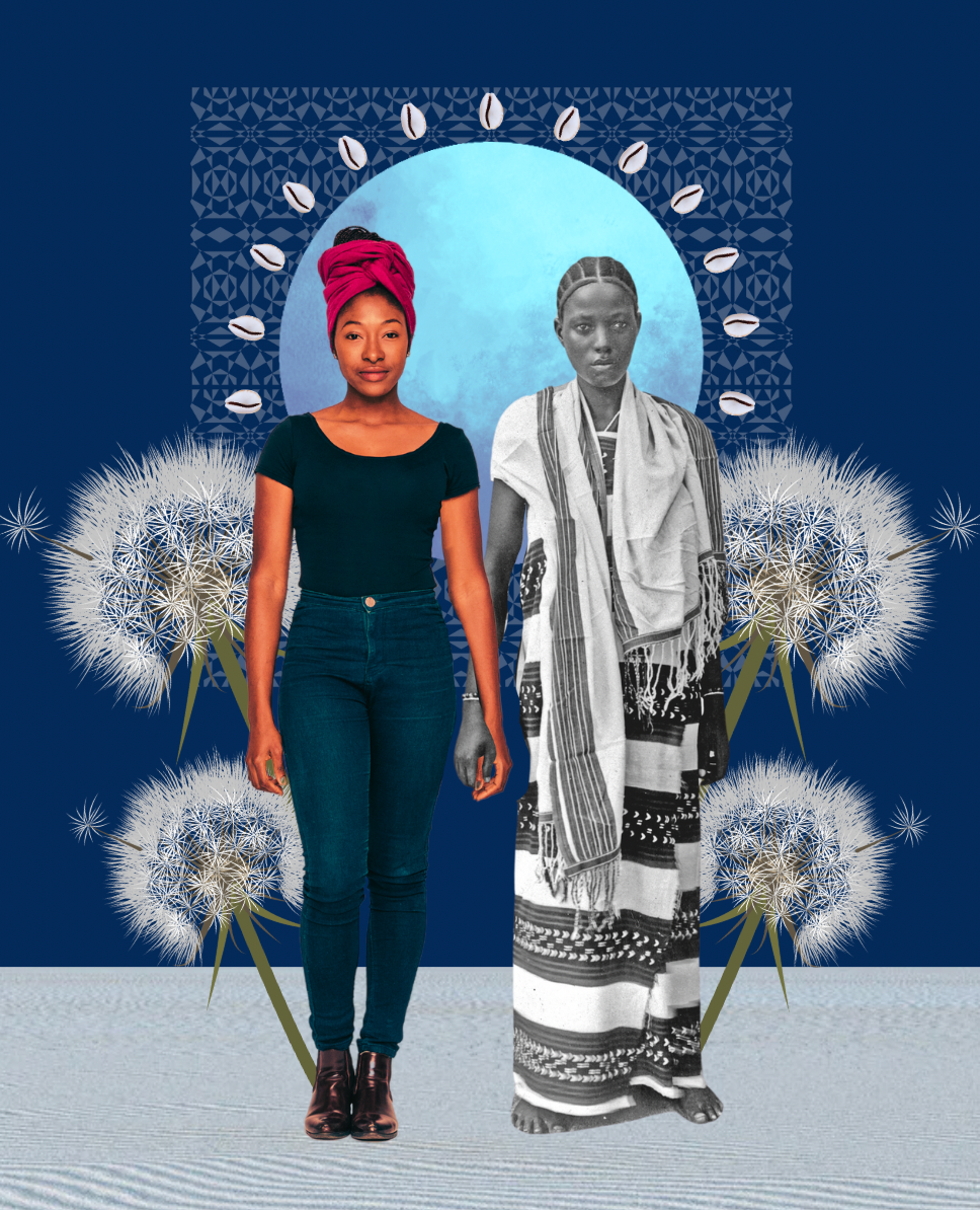 Two figures holding hands, each standing inside a giant dandelion seed head