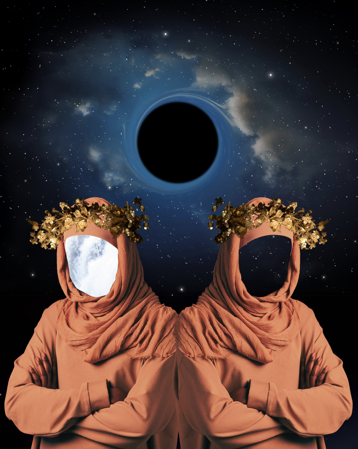 Two figures in orange robes with mirrors for faces beneath a total solar eclipse