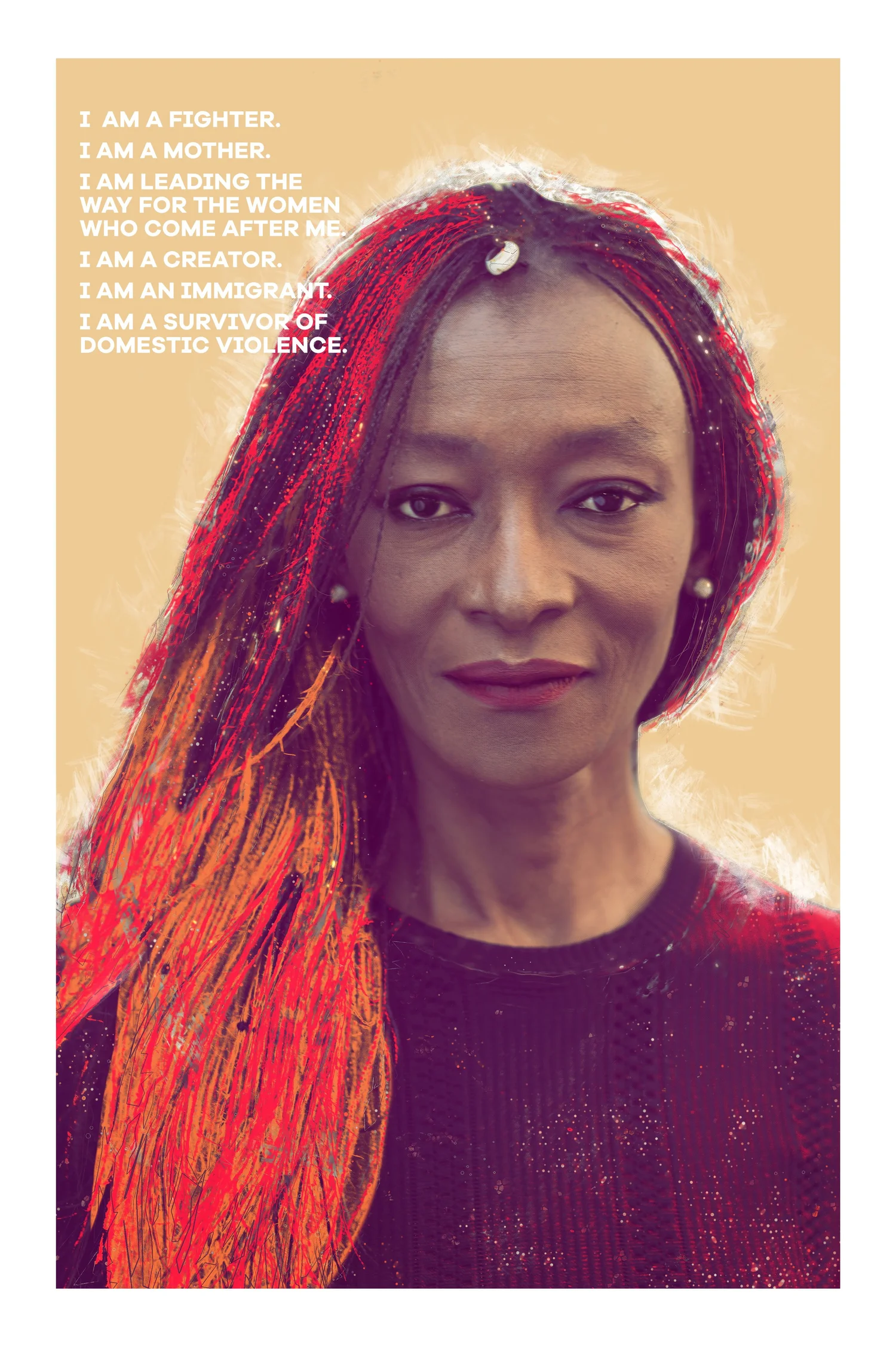 Portrait of an elder woman in maroon beside a list of I am affirmations