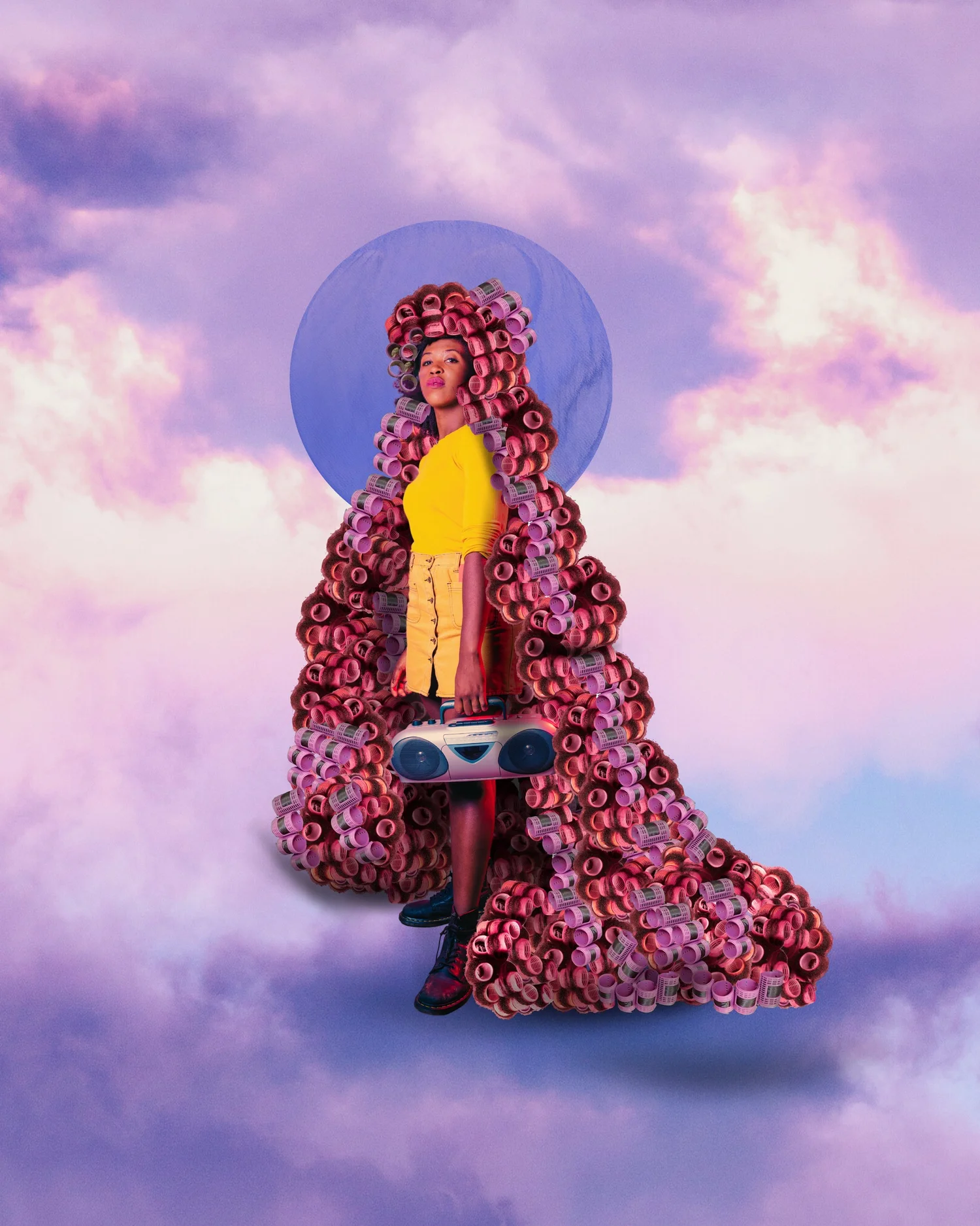 Figure entirely covered in pink blossoms standing in a pastel cloudscape