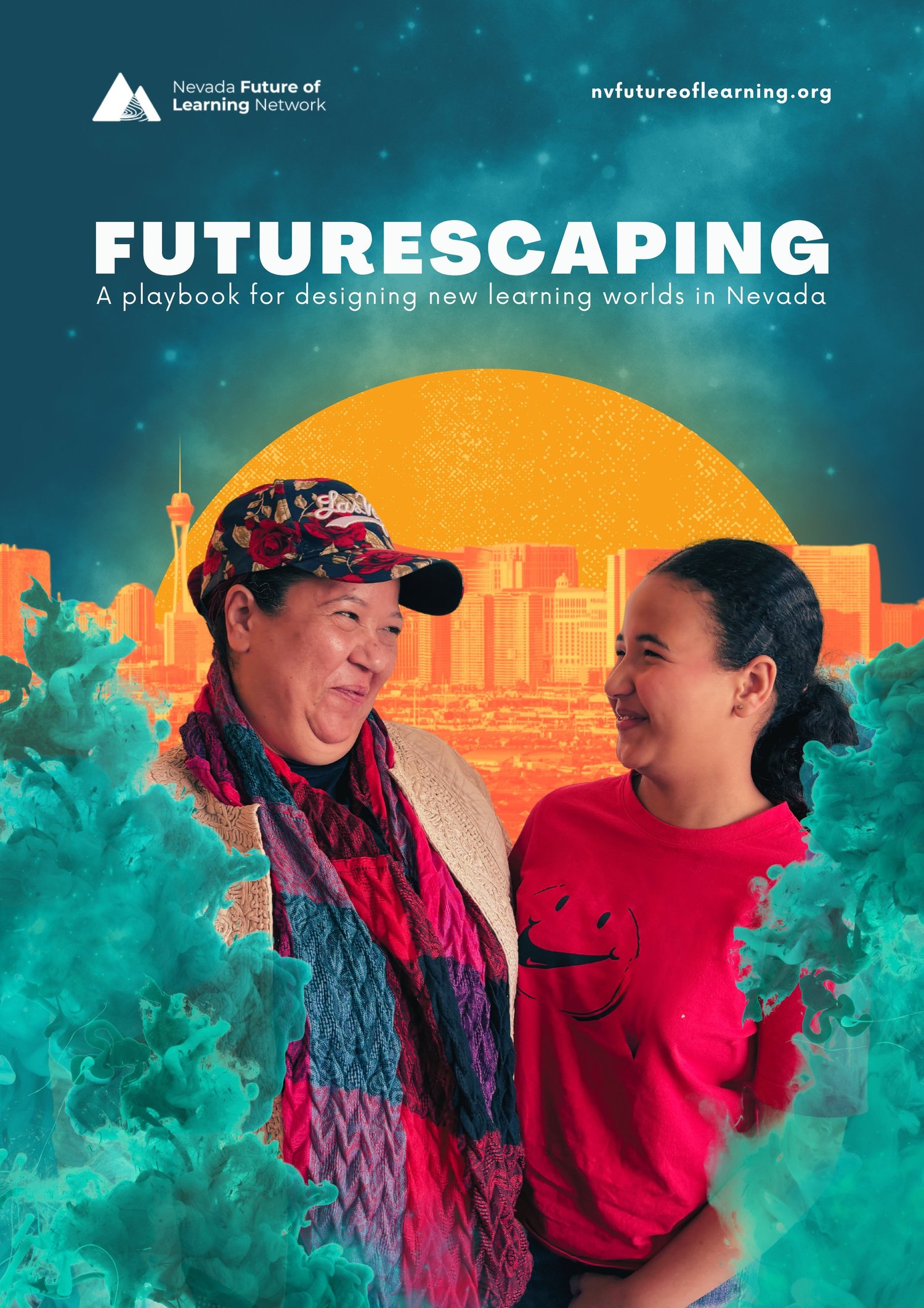 Futurescaping playbook cover with two Nevadans in a colorful imagined desert landscape.