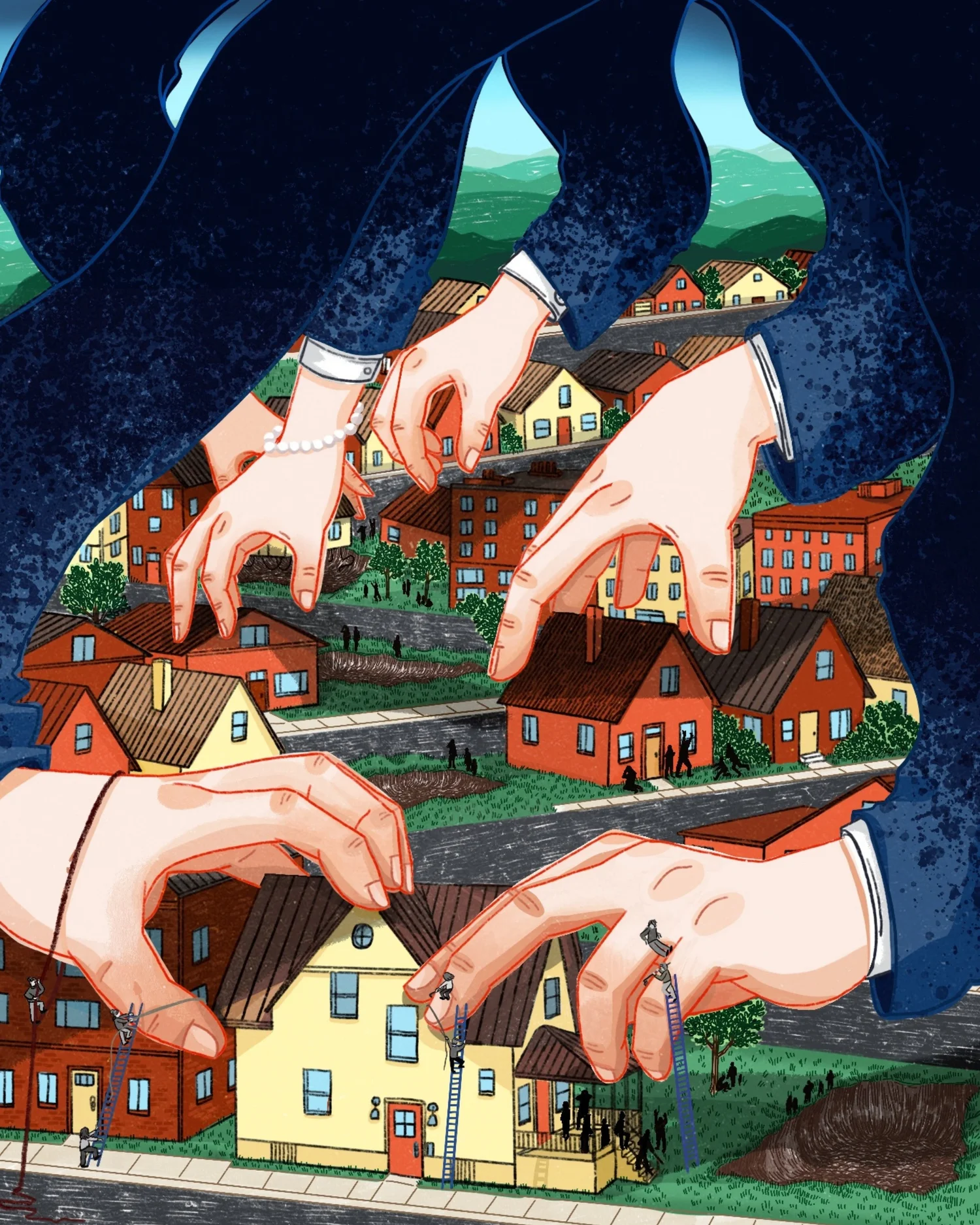 Illustration of large hands reaching down to tend a hillside of small houses