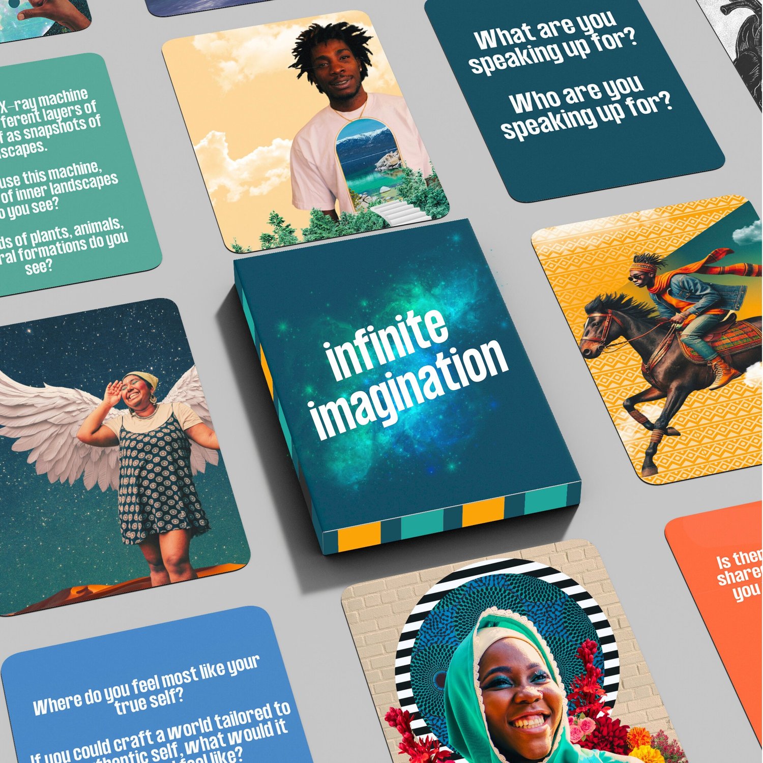A spread of Infinite Imagination prompt cards with illustrated portraits and questions.