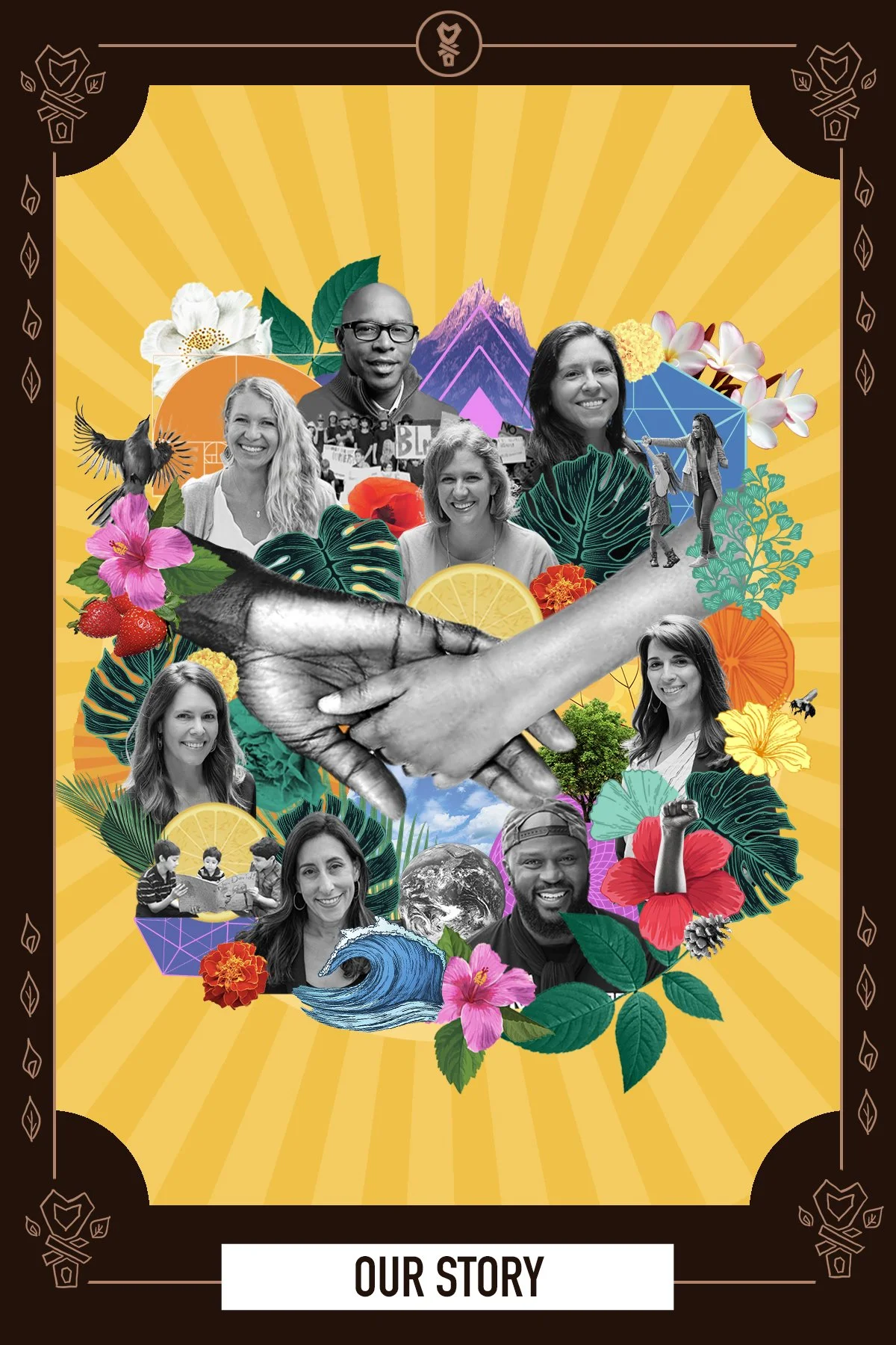 Tarot-style card titled Our Story collaging many family photographs and flowers