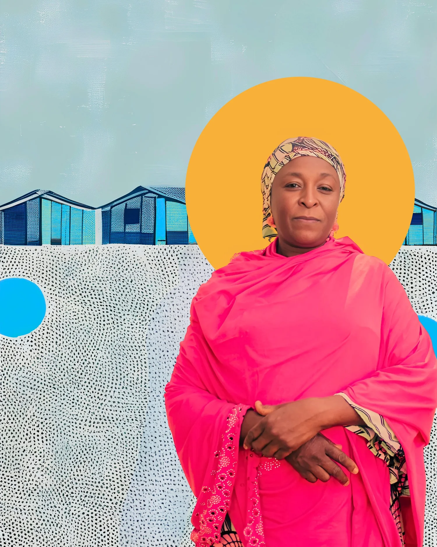 Woman in a vivid pink dress and headwrap standing before an orange sun and blue shacks