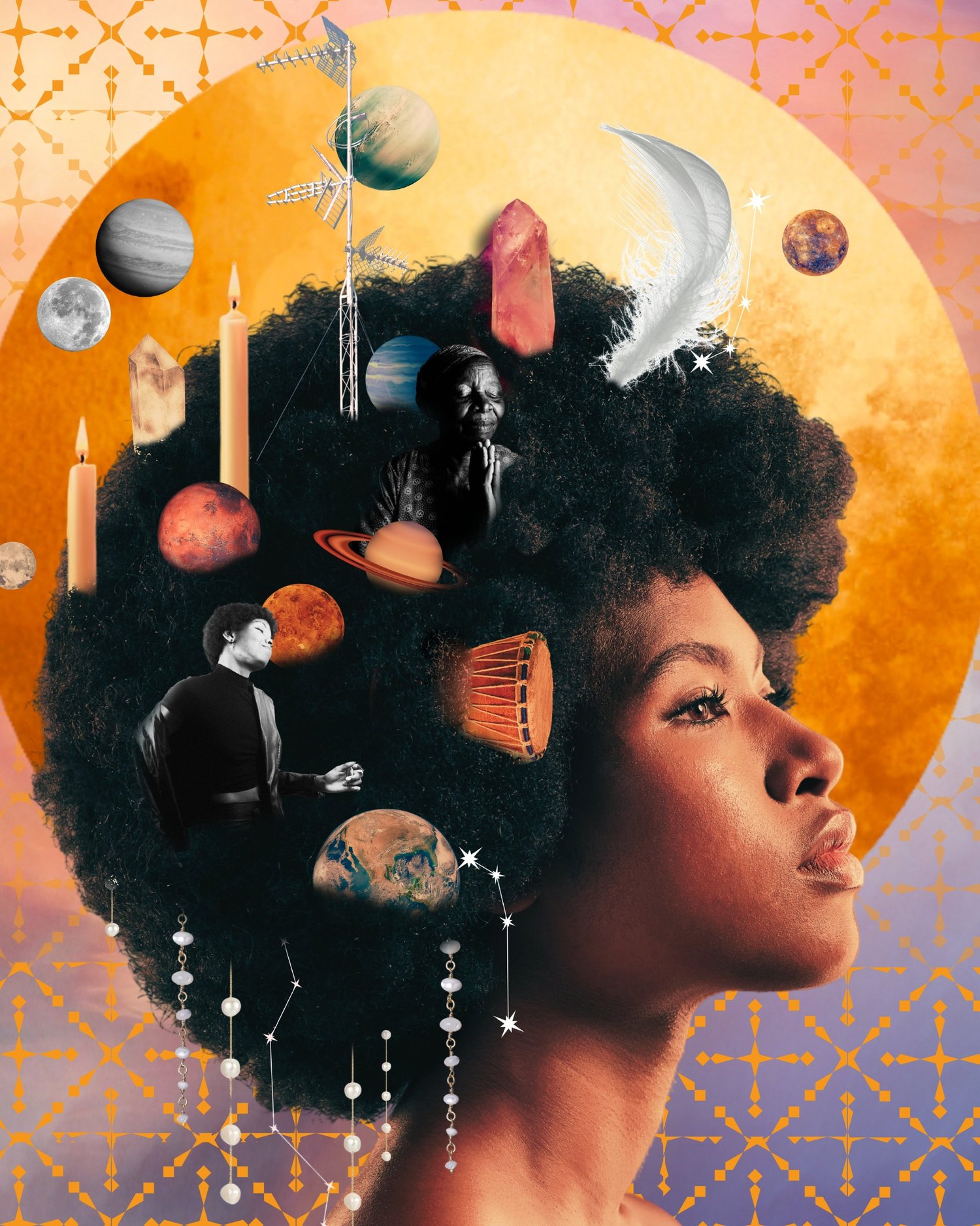 Illustrated portrait of a Black woman surrounded by planets, stars, and silhouetted figures.