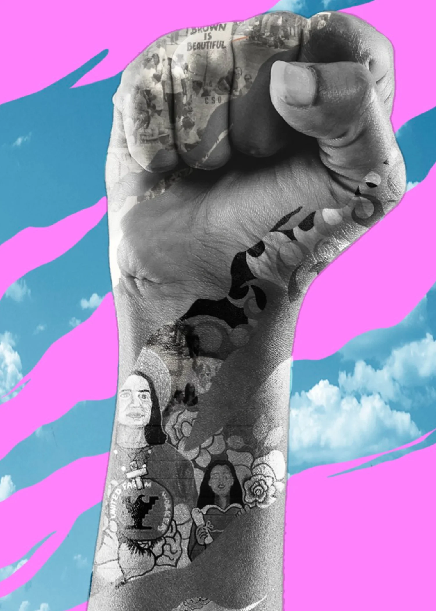 Black-and-white raised fist collaged over hot pink and blue brushstrokes