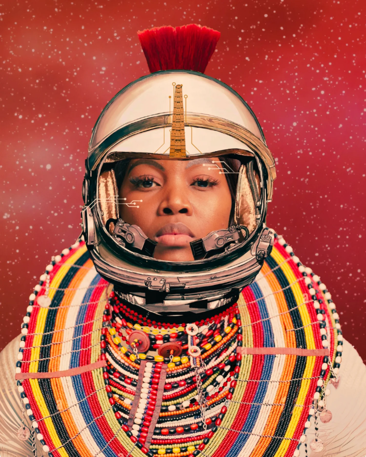 Portrait of a girl in beaded Maasai collar wearing an astronaut helmet against a red sky.
