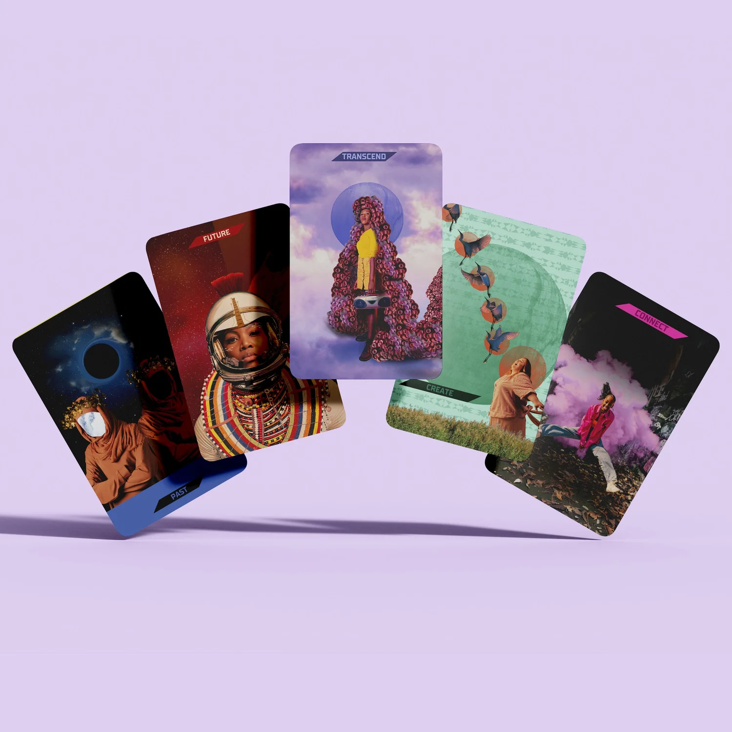 Illustrated Transcestors cards fanned out on a lavender background.