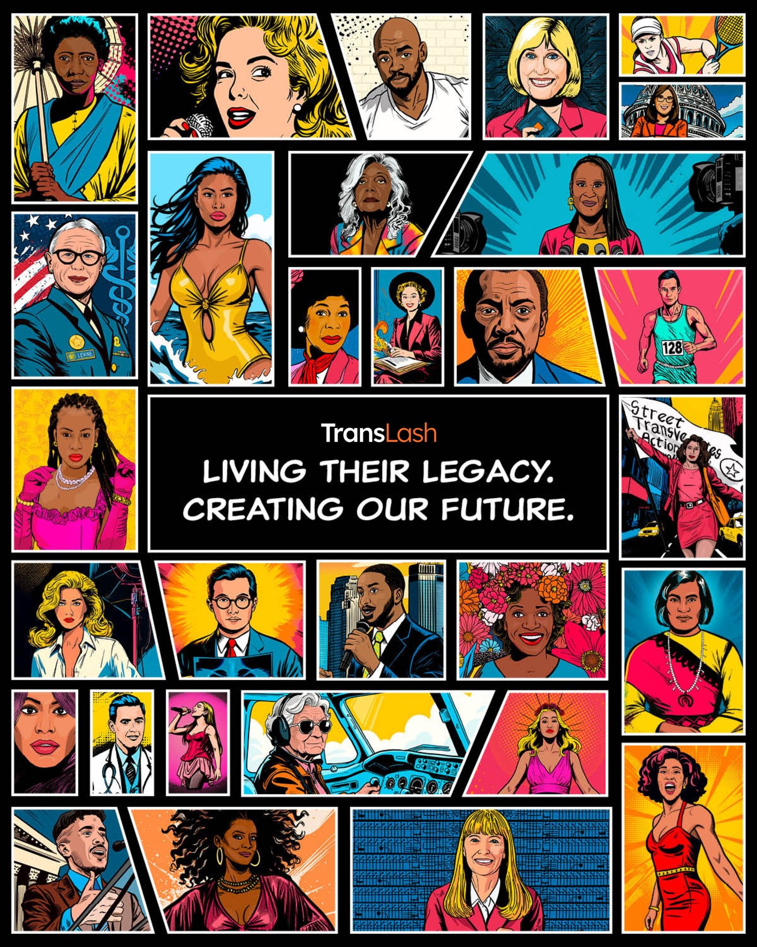 A comic-style grid of portraits for TransLash: Living Their Legacy, Creating Our Future.