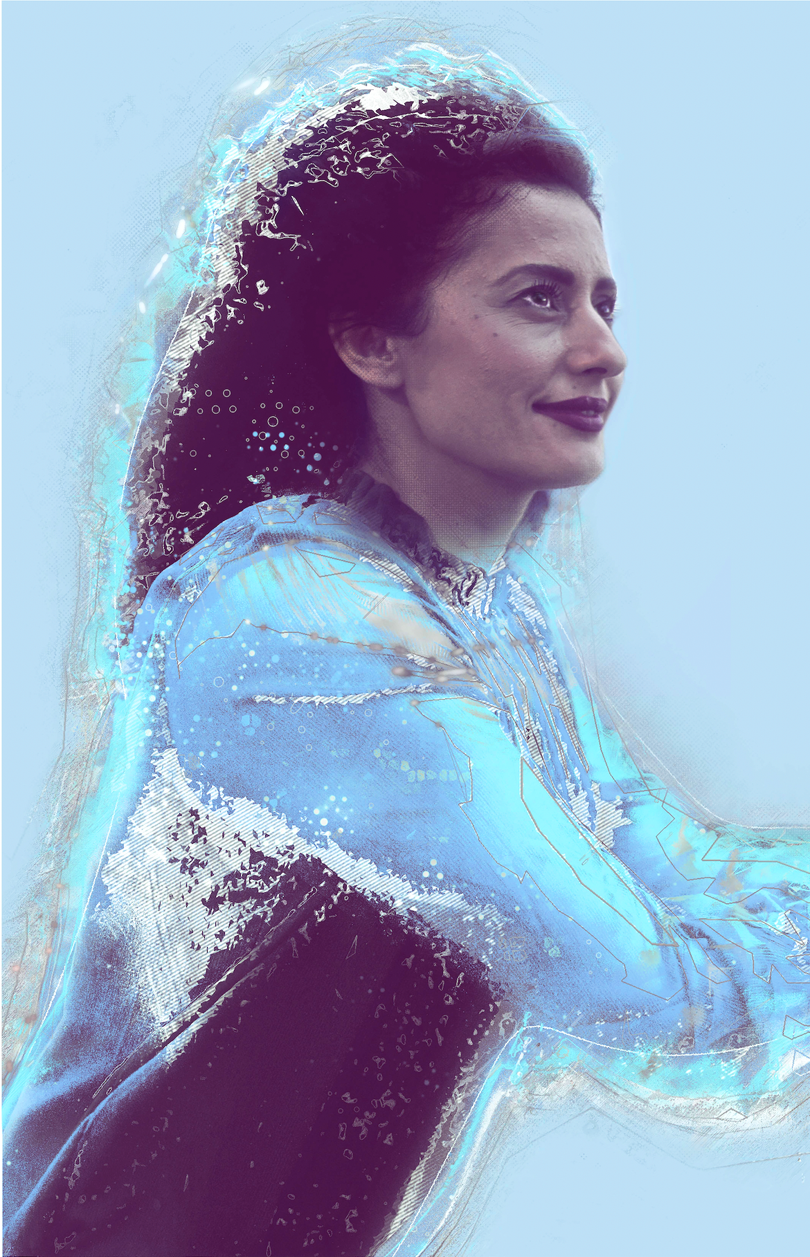 Woman turning in profile as her figure dissolves into rushing blue water