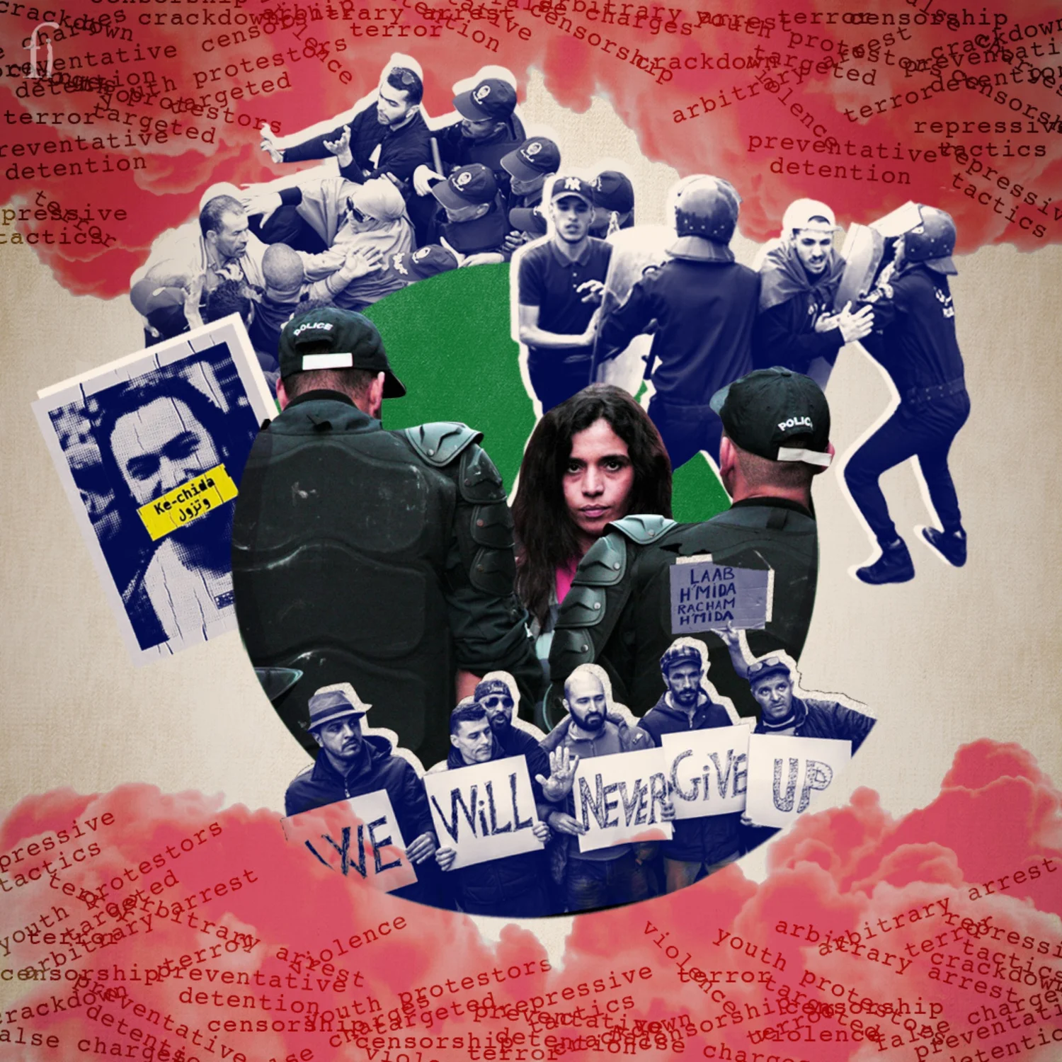 Red and blue collage of protest scenes with a banner reading We Will Never Give Up.